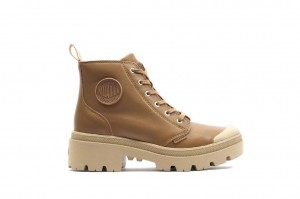 Women Palladium Pallabase Leather Boots Brown | XWKE-10386