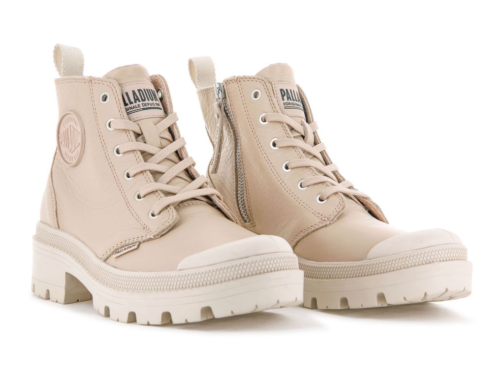 Women Palladium Pallabase Leather Boots Beige | LHIR-06849
